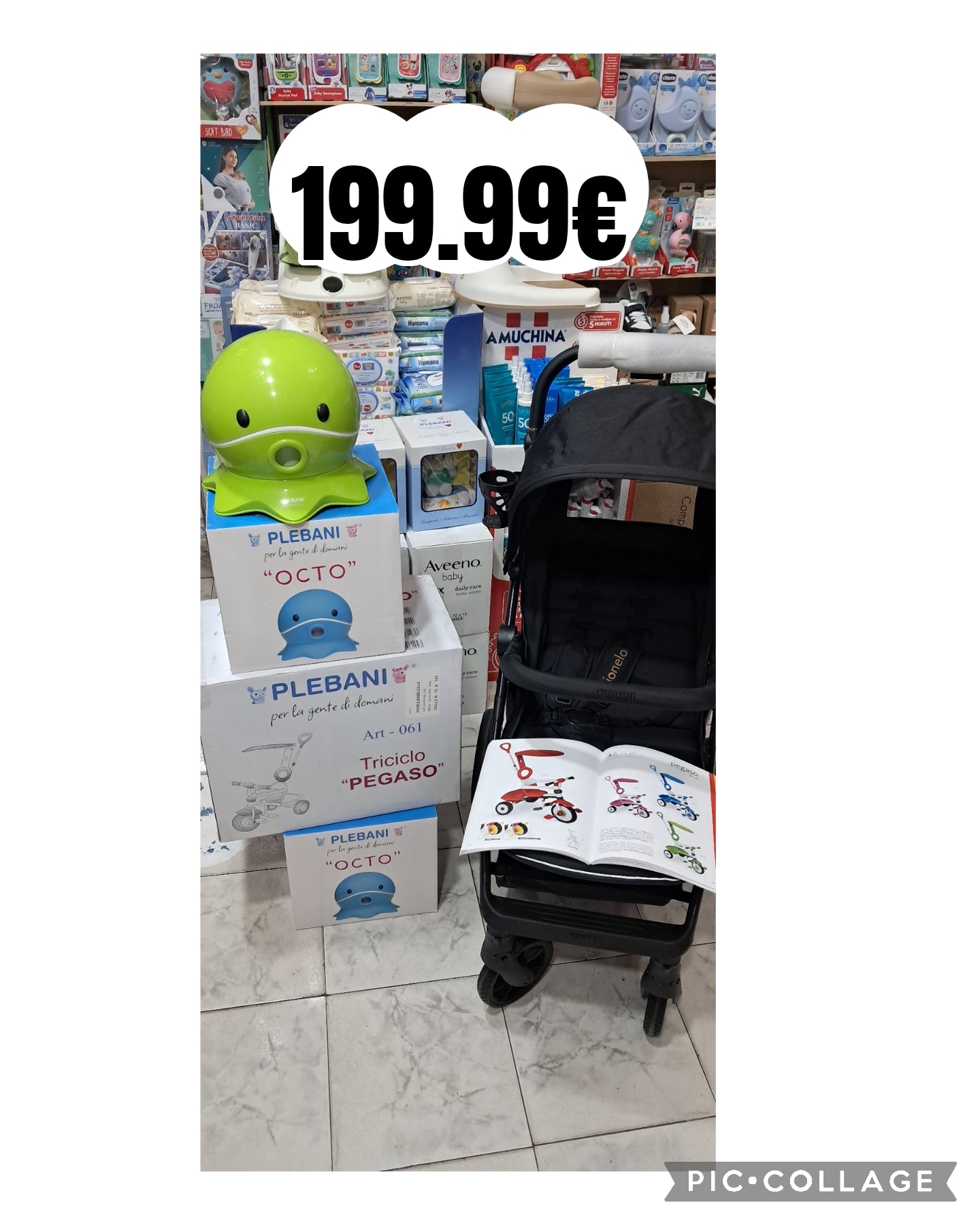 Box 199.99€ con passeggino lionelo mira piu triciclo pegaso più vasino polpo