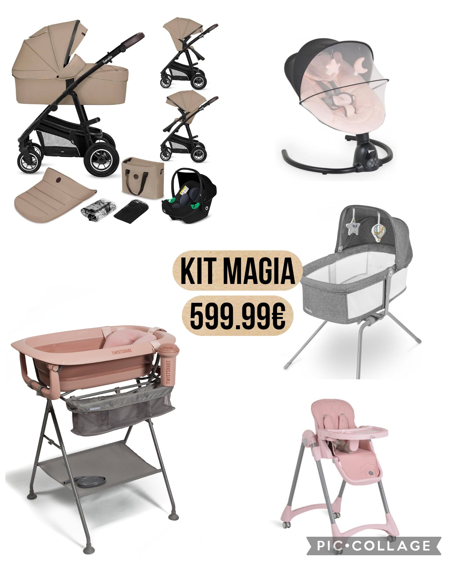 Kit magia con trio r oezzi vari colori, altalena dondolo ,fasciatoio twistshake, colletta,sediolone pappananna 640 completo di spedizione in tutta Italia