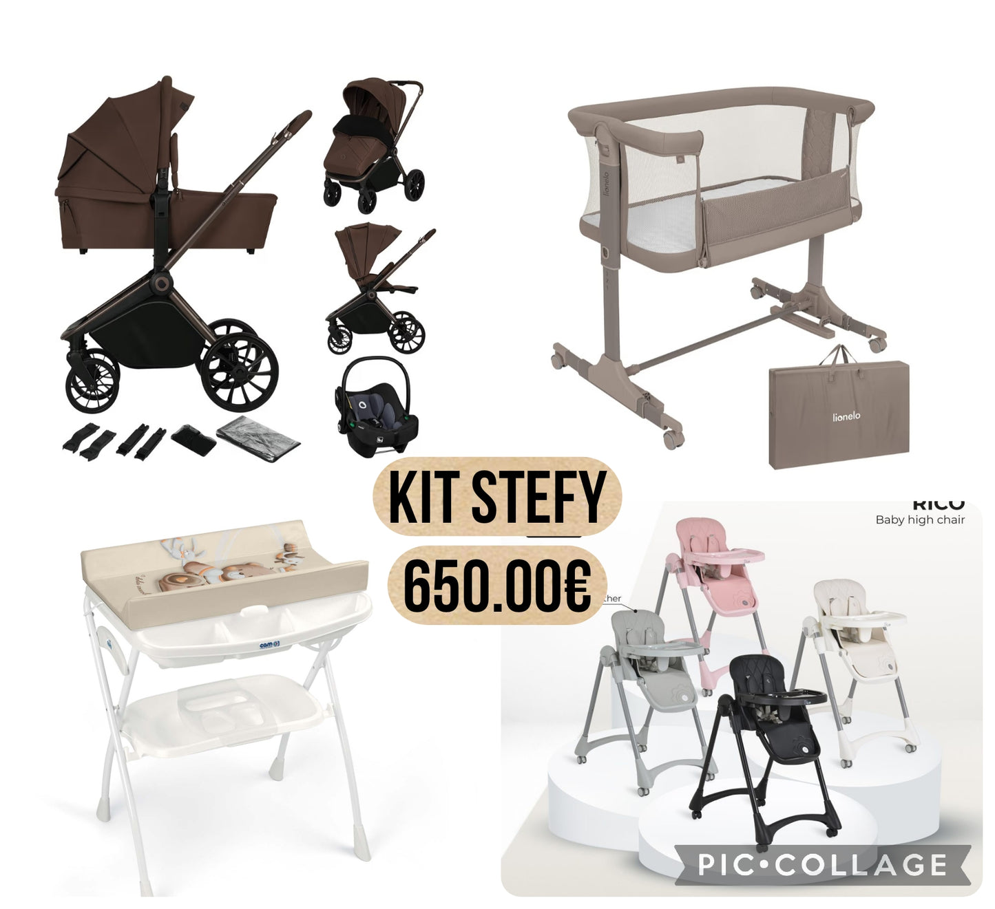 Kit stefy 650.00€ con trio lionelo mika plus 4 pezzi completo parapioggia zanzariera borsa.piu fasciatoio cam volare piu sediolone pappananna piu culla co sleep. Tot 699.99 completo di spedizione in tutta Italia