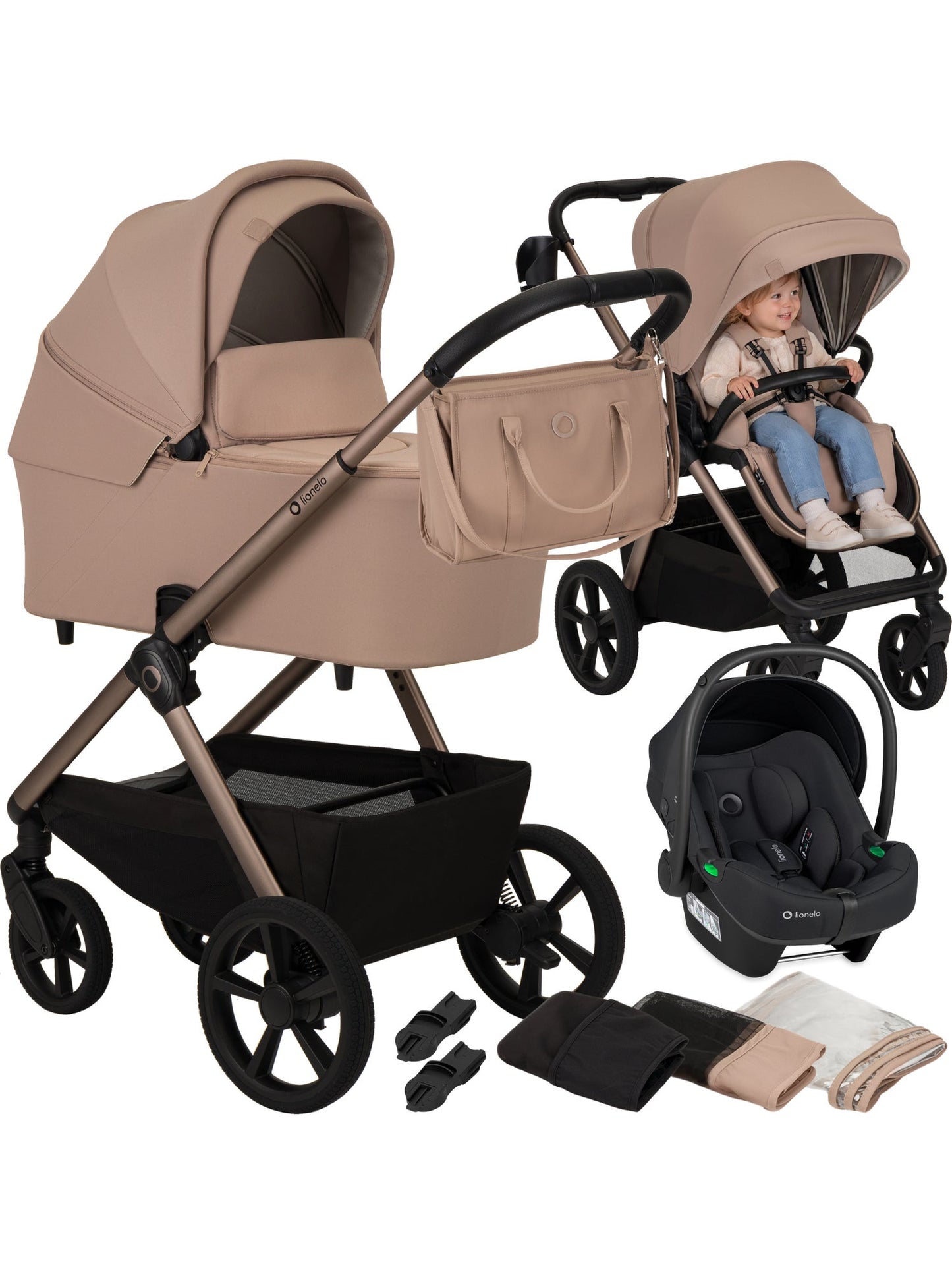 Trio carmine lionelo beige completo di ovetto e passeggino fronte retro completo di materasso con rete anti rigurgito.
