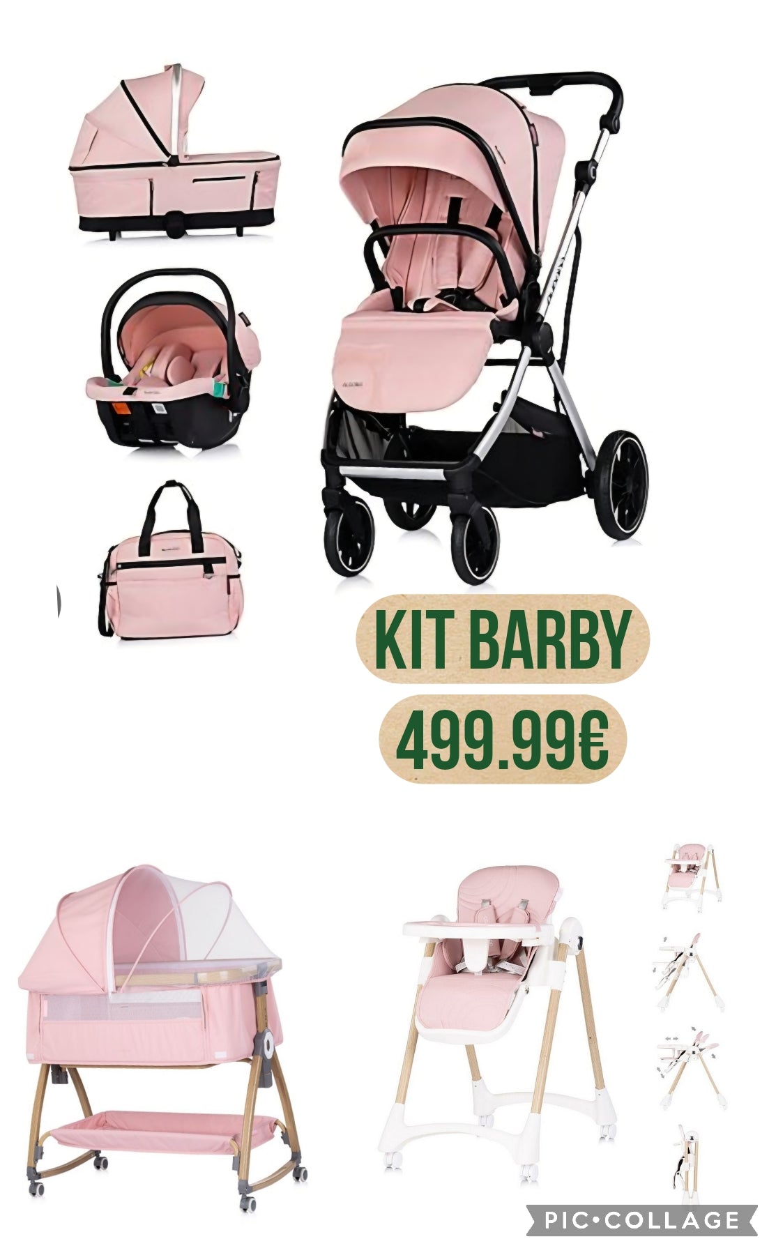 Kit barby con trio 4 pezxi completo di ovetto borsa passeggino con coprigambe più culla co sleep dondolo piu sediolone pappananna 499.99€ compreso di spedizione 539.99€ in tutta italia