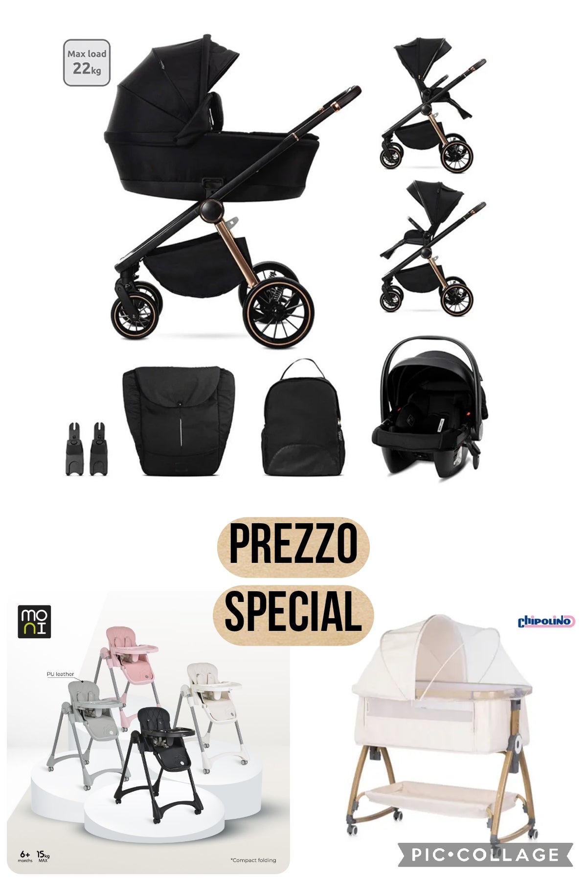 Kit social 499.99€ con trio barotti piu sediolone pappananna più culla chipolino. Prezzo 540.00€ compreso spedizione in tutta Italia .consegna 7/10 giorni