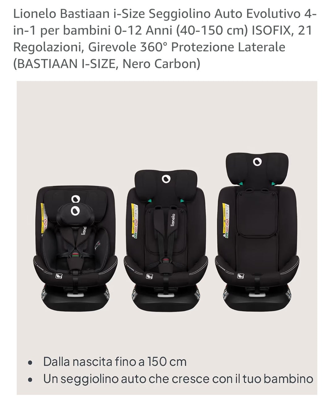Sedia auto 0 12 bastian lionelo girevole 360 isofix prese d'aria  memory foam